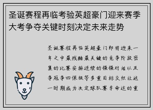 圣诞赛程再临考验英超豪门迎来赛季大考争夺关键时刻决定未来走势